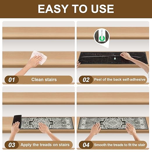 Non Slip Stair Treads for Wooden Steps Indoor, Dark Grey, 15pcs, 30"X8", Soft Carpet Mat, Machine Washable Boho Carpet Treads with Reusable Adhesive Backing, Safety Stair Tread for Dogs, Kids, Elders