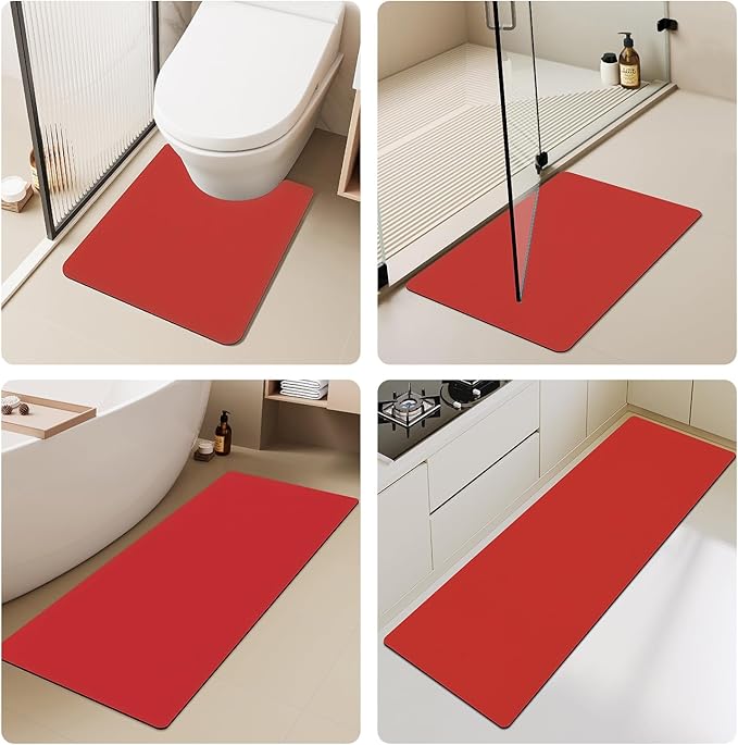 Christmas Bath Mat, Red Bathroom Rugs Non Slip Washable Thin Absorbent Bath Mat Fits Under Door Bathroom Floor Mat Perfect for Bath, Shower, or Sink 17"x59" Red