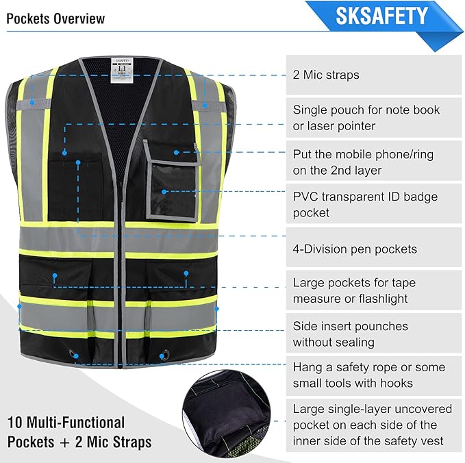 SKSAFETY 10 Pockets Safety Vest, Class 2 High Visibility Security with Zipper Back Mesh, Hi Vis Vest with Reflective Strips, ANSI/ISEA Standard, Construction Work Vest for Men ＆ Women （Black, 5XL）