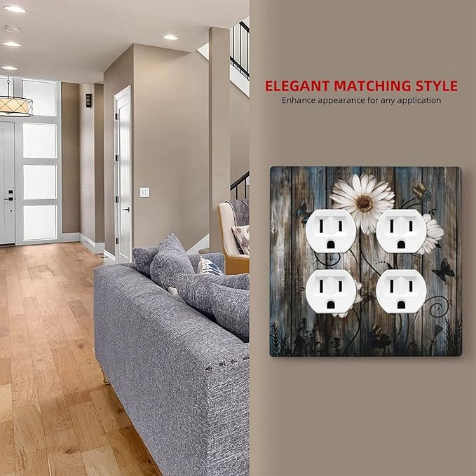 Rustic Wood Background Floral Butterfly Daisy Outlet Covers 2 Gang Double Duplex Decorative Light Switch Covers Electrical Wallplates Socket Faceplate for Farmhouse Bedroom Decor