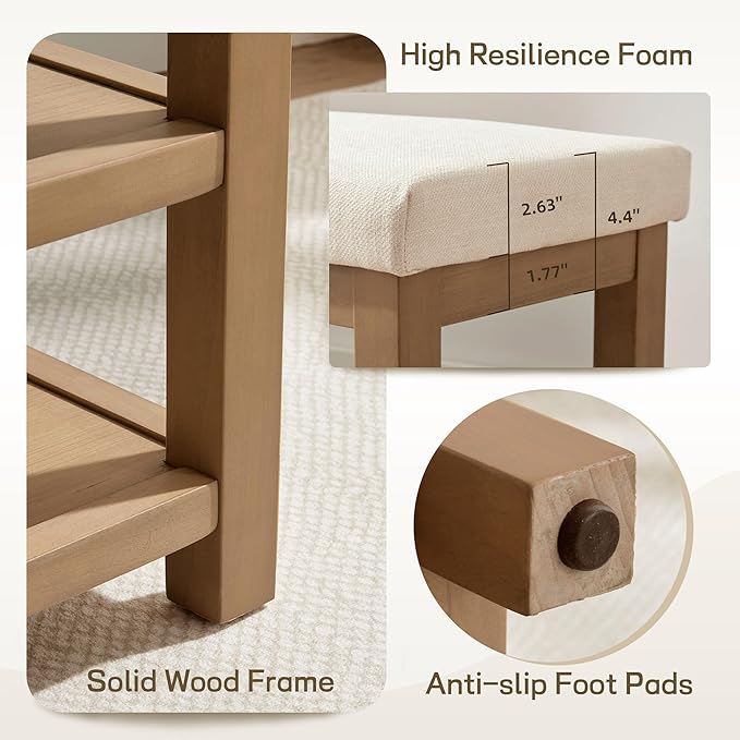 2 Tier Shoe Rack Bench with Cushion, Solid Wood Shoe Benches, Mid-Century Modern Shoe Storage Bench for Entryway, Hallway, Living Room, Closet, Front Door Entrance, (Beige, 46.5")