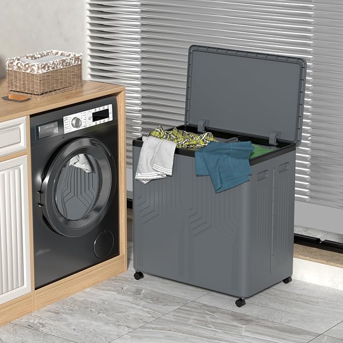 120 L Collapsible Plastic Double Laundry Hamper with Wheels and Removable Bags, Gray, 1 Pack