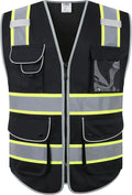 JKSafety 9 Pockets Hi-Vis Black Color Zipper Front Safety Vest Fluorescent Yellow Strips outlining the Reflective Tapes ANSI/ISEA Class 1 (901-Black, 5X-Large)