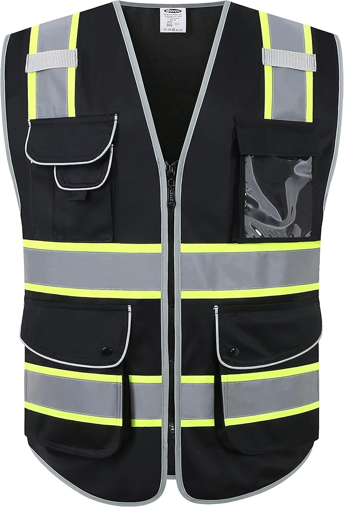 JKSafety 9 Pockets Hi-Vis Black Color Zipper Front Safety Vest Fluorescent Yellow Strips outlining the Reflective Tapes ANSI/ISEA Class 1 (901-Black, 4X-Large)