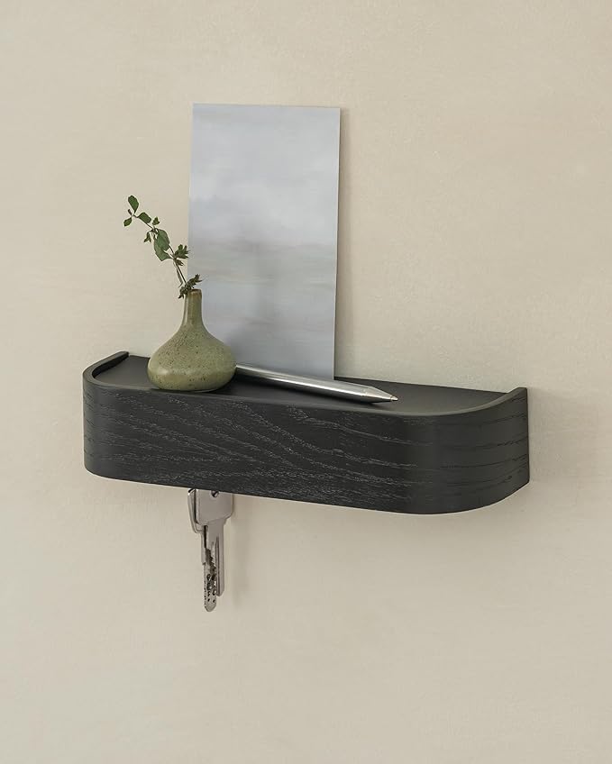 Kazai. Key Holder 'Toke' | Minimalist Key Hook Design from Berlin | Modern Key Holder Wall Mount with Wooden Shelf | Key Rack for Wall as Entryway Organizer | Oak, Black