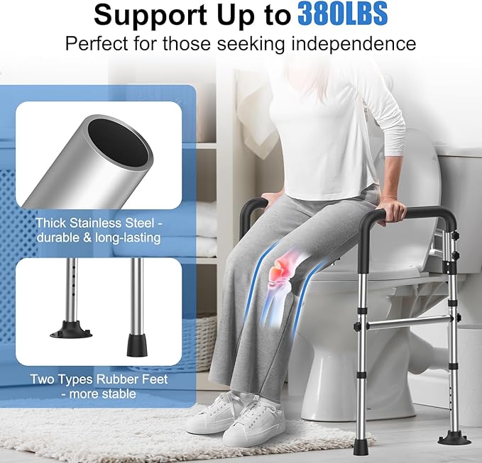 Upgraded Toilet Safety Rails 380LBS, Stainless Steel Toilet Rail Frame, Adjustable Stand Alone Toilet Support with Non-Slip Grips & Suction Cups,Tool-Free Assembly, Fits for Elderly/Disabled