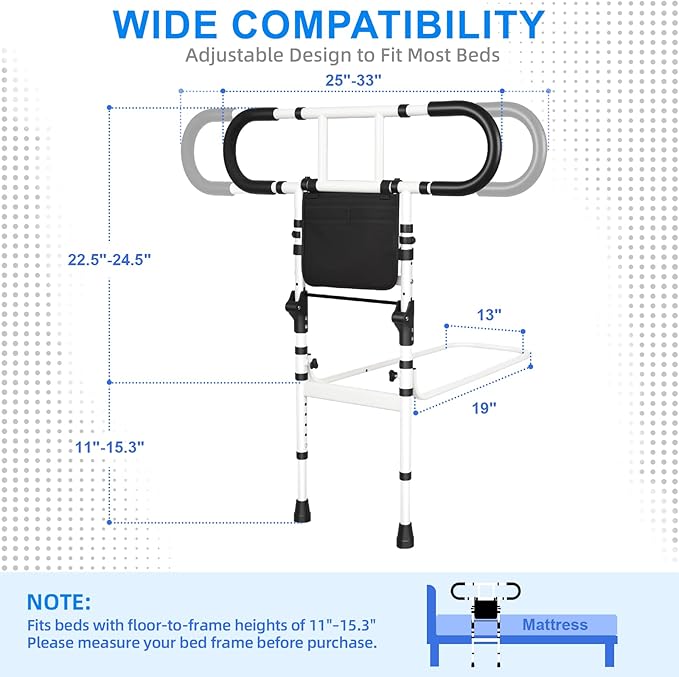 Bed Rails for Elderly Adults Safety, Bed Cane for Seniors, Adjustable Height Grab Bar Handrails with 2 Ergonomic Handles and Storage Pocket, Support up to 300 lbs, 180° Foldable Assist Rail