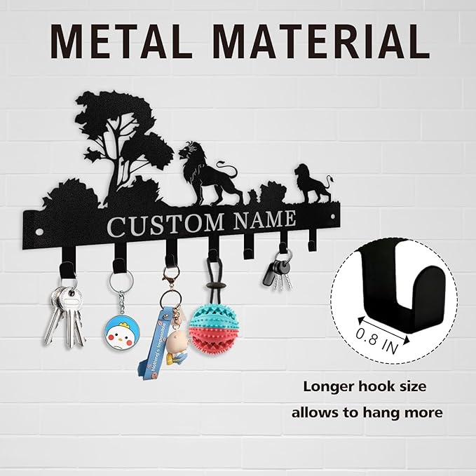 Personalized Key Holder Wall Mount, Black Metal Key Hanger Adhesive Key Rack Organizer with Lion Design, Key Hooks Wall Decorative for Living Room, Entryway, Doorway, Hallway, Garage