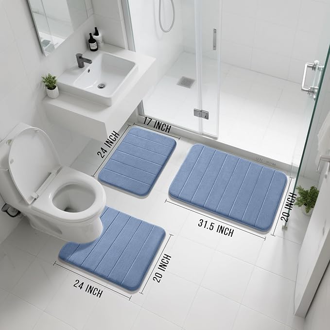 Yimobra Memory Foam Bath Mat Set 3 Pieces- Super Soft Absorbent Quick Dry Bathroom Rug Sets, Machine Washable Non Slip Floor Carpet for Tub Shower, Vanity & Toilet Base, Denim Blue