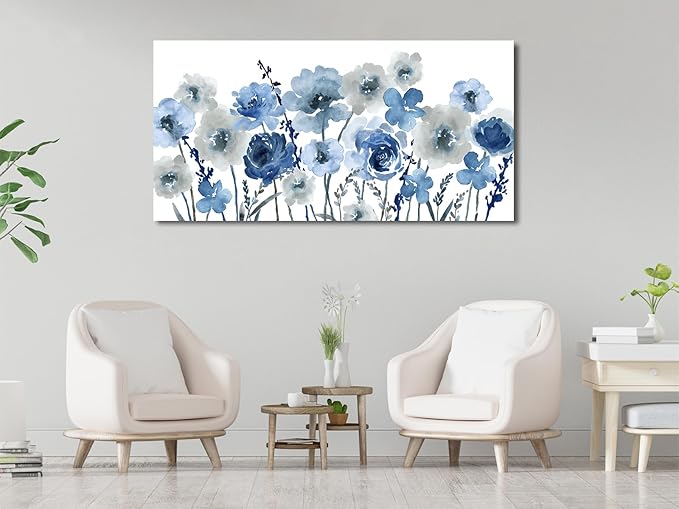 VEAEE Flowers Canvas Wall Art - Indigo Floral Canvas Pictures Living Room Wall Decor Botanical Canvas Prints Painting Abstract Artwork Bedroom Office Home Decor 29"x 58"