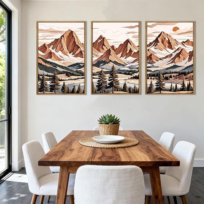 IARTTOP Framed Mountain Canvas Wall Art Large16x24 Inch Abstract Mountain Art Prints Set of 3 Vintage Nature Scenery Wall Decor for Living Room Bedroom Office