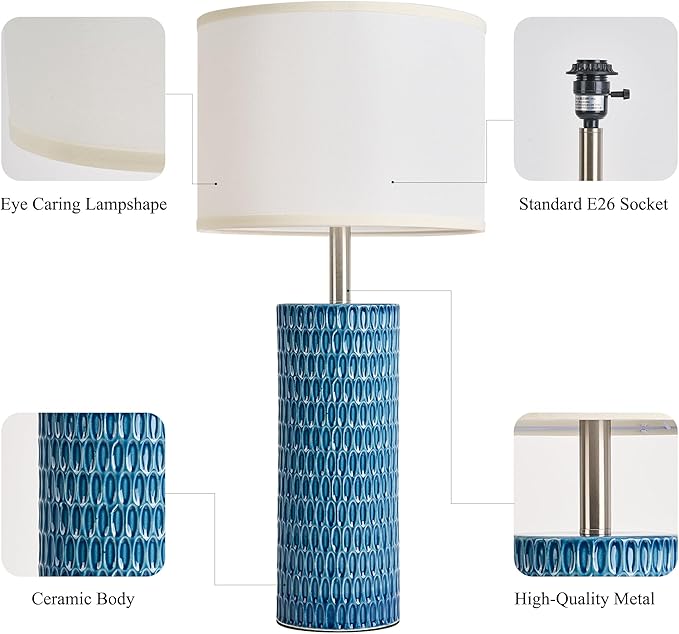 26.5" Ceramic Table Lamp, Table Lamp for Living Room, Blue Lamp for Bedroom, Night Stand Lamps, Modern Bedside Lamp Set of 2, End Table Lamps,Blue
