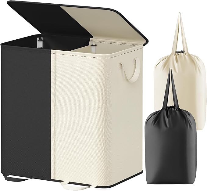 Lifewit Double Laundry Hamper with Lid and Removable Laundry Bags, Large Collapsible 2 Dividers Dirty Clothes Basket with Handles for Bedroom, Laundry Room, Closet, Bathroom, College, 136L White&Black