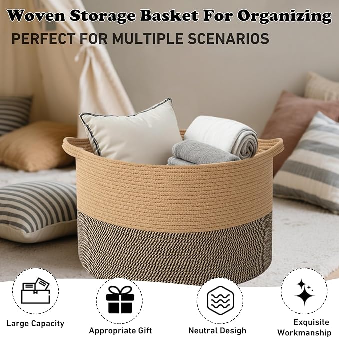 Large Storage Basket with Handle,19.7" L x 19.7" W x 13" H Blanket Basket Storage Bins for Organizing,65L Cotton Rope Woven Baskets for Living Room, Nursery ,Bedroom,Jute&Black