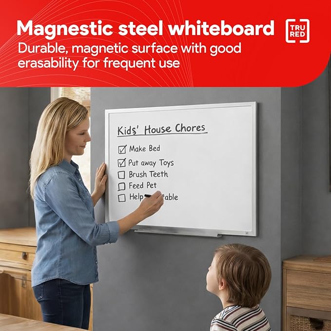 TRU RED Steel Magnetic Whiteboard | Dry Erase Board for Wall, White Board with Satin Frame, 2 ft x 2 ft