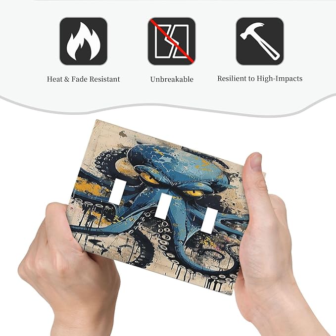 Decorative Switch Plates Nautical Vintage Blue Octopus Yellow Eyes Oil Watercolor 3 Gang Wall Plate Triple Toggle Light Switch Cover Faceplate Electrical Wall Panels for Kids room