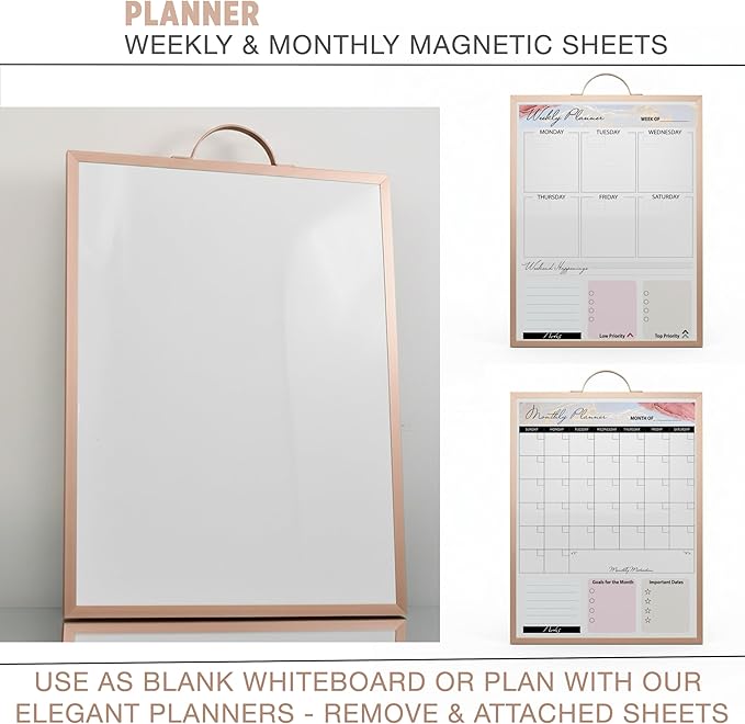 Small Whiteboard 12 x 16 Inch Magnetic Dry Erase Board with Handle | Rose Gold Aluminum Frame | Double-Sided Planner Board with Weekly & Monthly Sheets | 3 Markers, Eraser & 2 Magnets