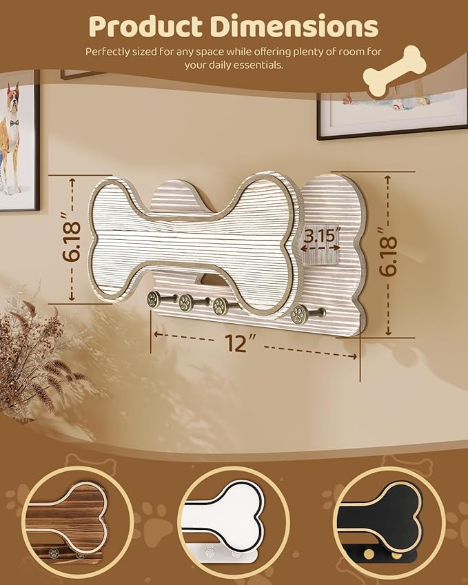 Decorative Dog Leash Holder for Wall - Creative Doggie Bone Shape Key Holder Wall Mount with Dog Stuff Storage Shelf & 5 Cute 3D Puppy Paw Hooks - Ideal for Room Decor (White)