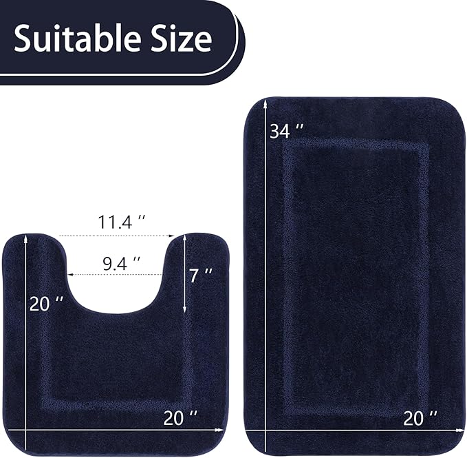 LOCHAS Bathroom Rug Set Navy, Soft Bath Rug Set 2 Piece, Toilet Mat U-Shaped 20x20 and 34x20 Bath Rugs, Quickly Dry Mats for Bathroom, Tub, Washable, Super Absorbent Floor Mat