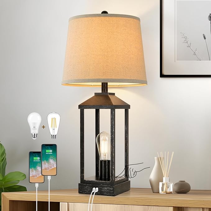 28" Black Farmhouse Bedside Table Lamp for Living Room, 3-Way Dimmable Touch Control Modern Nightstand Lamp with 2 Light, Rustic Desk Lamp with USB Ports for Bedroom, Home, Office, 2 Bulbs Included