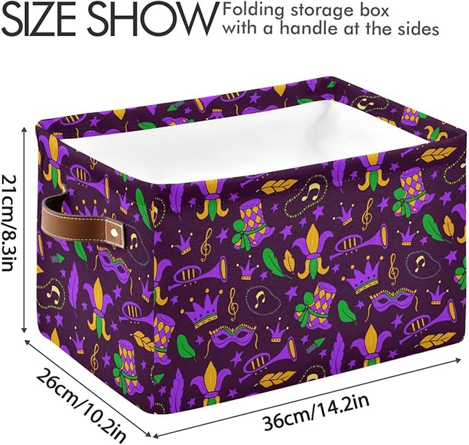 Mardi Gras Carnival Storage Basket Cube Storage Bins Organizer Bag Collapsible Closet Shelf Baskets with handle for Cloth Book 14.2×10.2×8.3 IN