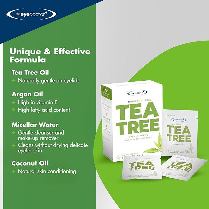 The Eye Doctor Tea Tree Oil Eyelid Wipes - 20 x Single Use Eye Cleaning Wipes for Daily Lid Care - Individual Preservative Free Sensitive Eye Cleaner - Soothes Cleans and Refreshes