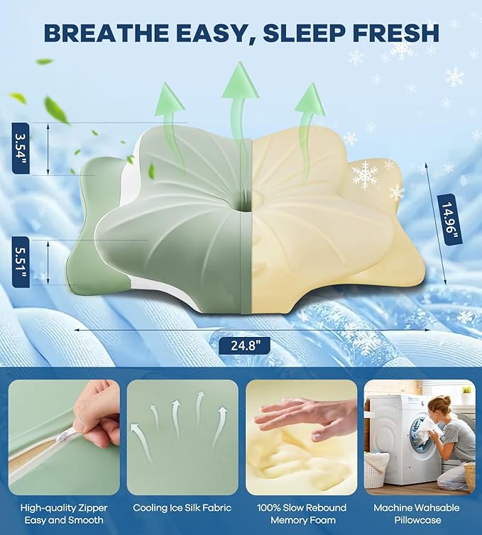 Cervical Pillow for Neck Pain Relief, Cooling Ergonomic Memory Foam Pillow with Ice Silk Pillowcase, Dual-Height Orthopedic Contour Support Pillow for Side,Back,Stomach Sleepers, CertiPUR-US Certified