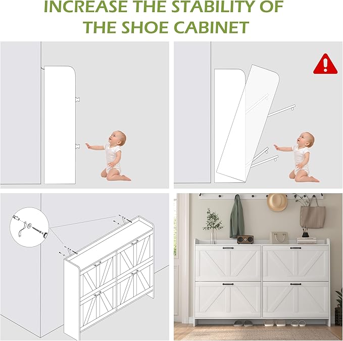 Shoe Storage Cabinet with 4 Flip-Drawers, 46 Inch Narrow Farmhouse Shoe Organizer with Metal Handles & Adjustable Shelves, Freestanding Shoe Rack Cabinet for Entryway, Hallway (White)