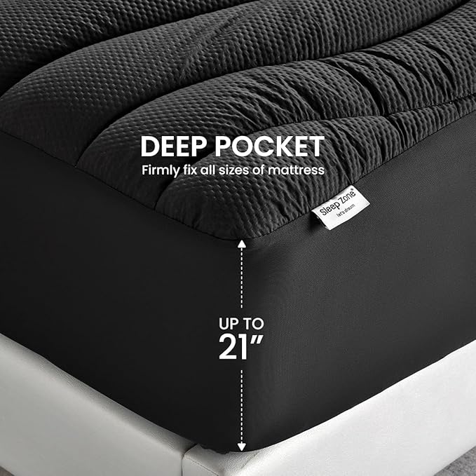 SLEEP ZONE Cooling Twin Mattress Topper for Single Bed, Premium Zoned Cool Mattress Pad Cover, Padded Mattress Protector Breathable Washable, Deep Pocket 8-21" (Black, Twin)