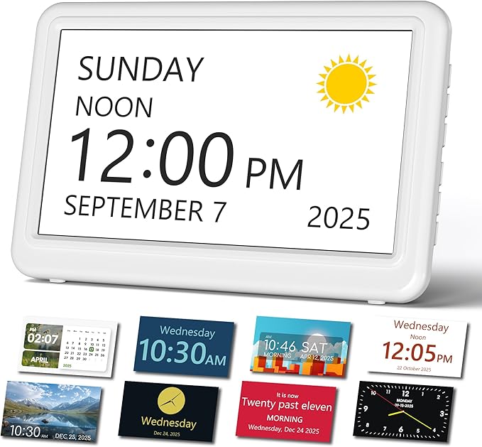 Mesqool 7" Digital Dementia Alarm Clock Large Display for Seniors, Plug in Electric Date Day of Week Calendar Clock 23 Alarms 18 Ringtones for Elderly Memory Loss Alzheimer’s, Auto DST