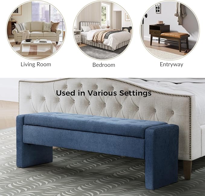 55" Modern Upholstered Storage Bench with Tufted Seat, Fabric Ottoman Bench for Bedroom, Entryway, or Living Room, Soft Close Hinge,Navy