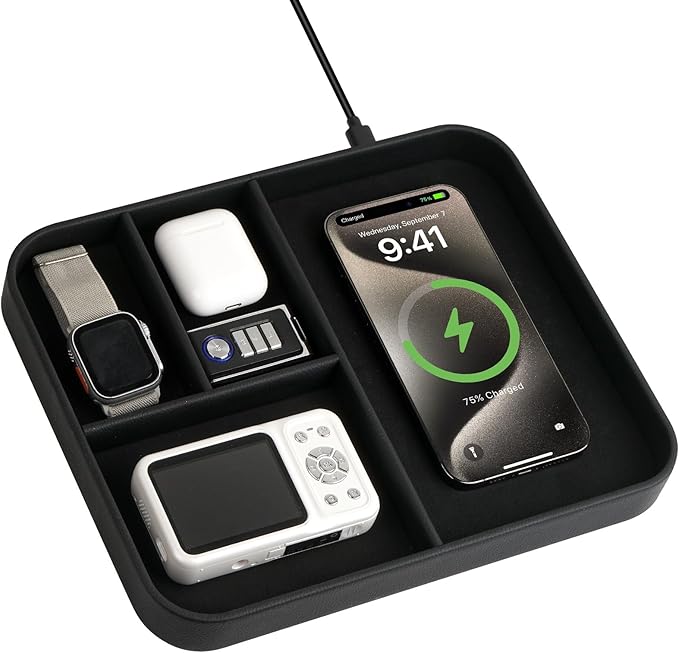 Birthday Gifts Bedside Organiser-Faux Leather Valet Tray With Wireless Charger For Phone And Earbuds,Nightstand Organizer,Mens Jewelry Box,Office Desk Organizers