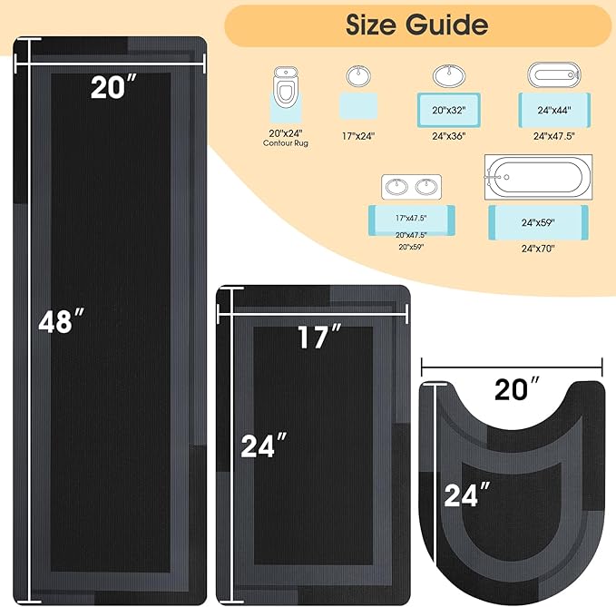 ACCUMTEK Ultra Thin Bath Mat, Upgrade Backing Non Slip Thin Bath Mats Fit Under Door, Quick Dry Ultra Absorbent Bathroom Rugs, Machine Washable Bath Rugs for Bathroom, Bathtub, Black/Bordered/3 Piece