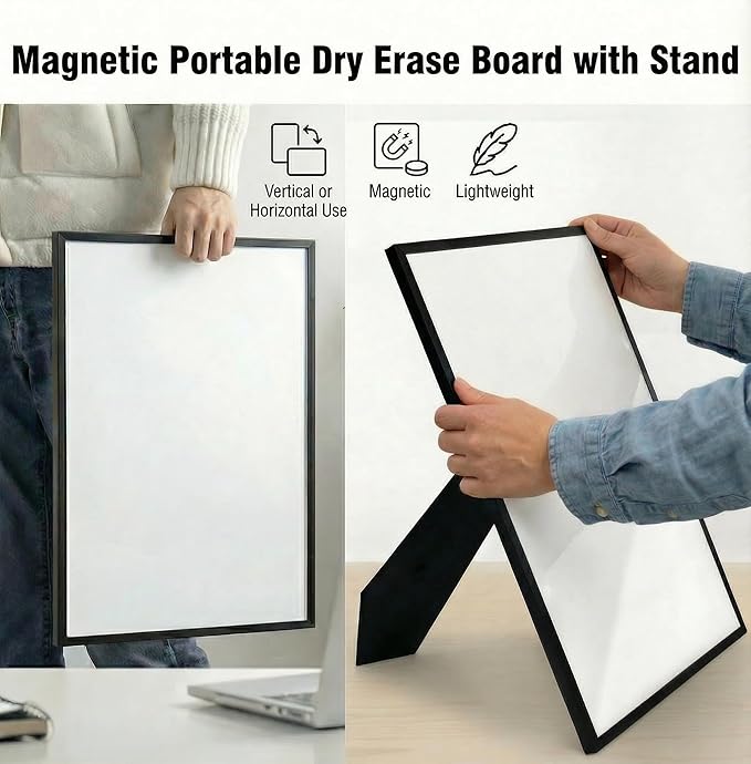 Magnetic Dry Erase Whiteboard 12x16 with Stand – Single-Sided Desktop White Board with Black Aluminum Frame – Includes Markers, Eraser & Magnets for Home, Office or Classroom