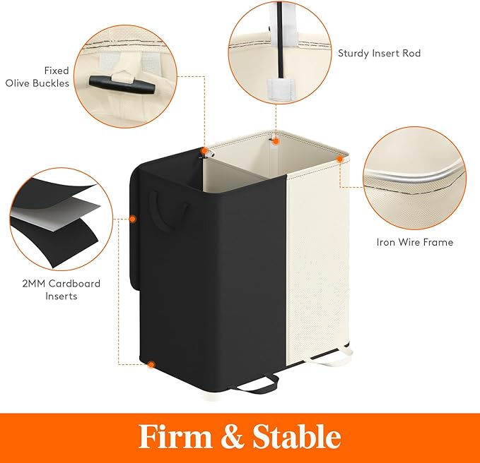 Lifewit Double Laundry Hamper with Lid and Removable Laundry Bags, Large Collapsible 2 Dividers Dirty Clothes Basket with Handles for Bedroom, Laundry Room, Closet, Bathroom, College, 136L White&Black