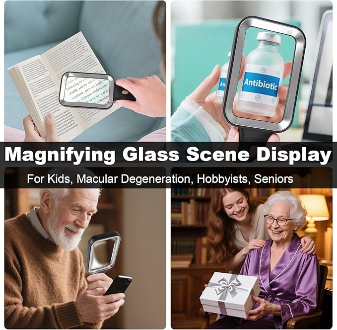 10X Magnifying Glass with Light and Case, Rechargeable Magnifier with 3 Color Modes, Lighted Magnifying Glass Handheld for Seniors Reading Low Vision, Inspection, Close Work