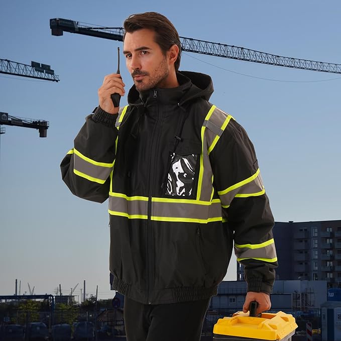 Hi Vis Safety jacket for men,Reflective high Visibility Hooded jacket,Work Bomber Jacket with Pockets and Zipper,Waterproof,ANSI Class 3 Black,XL