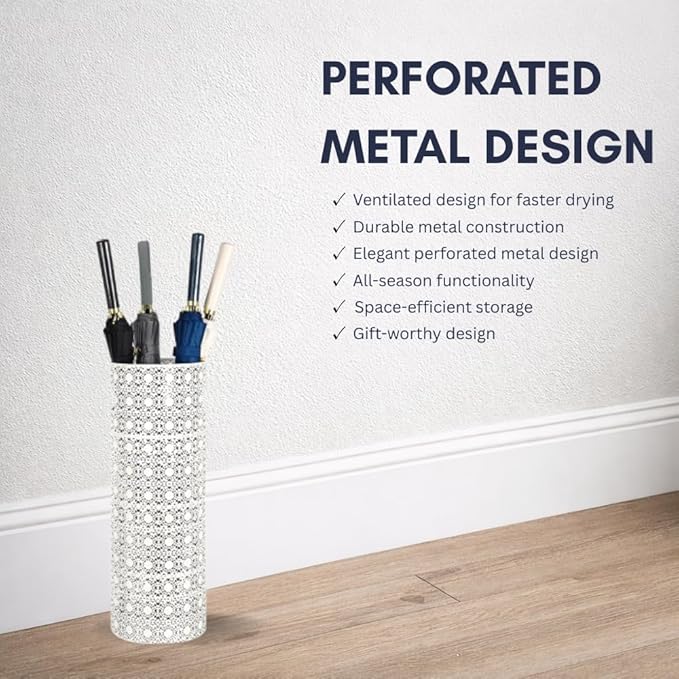 Concepts 8x20 inch Heavy Duty Metal Umbrella Stand - Durable Storage Holder for Umbrellas - Indoor and Outdoor Use - Stylish and Modern Organizer for Entryways. (White Flower Lace)