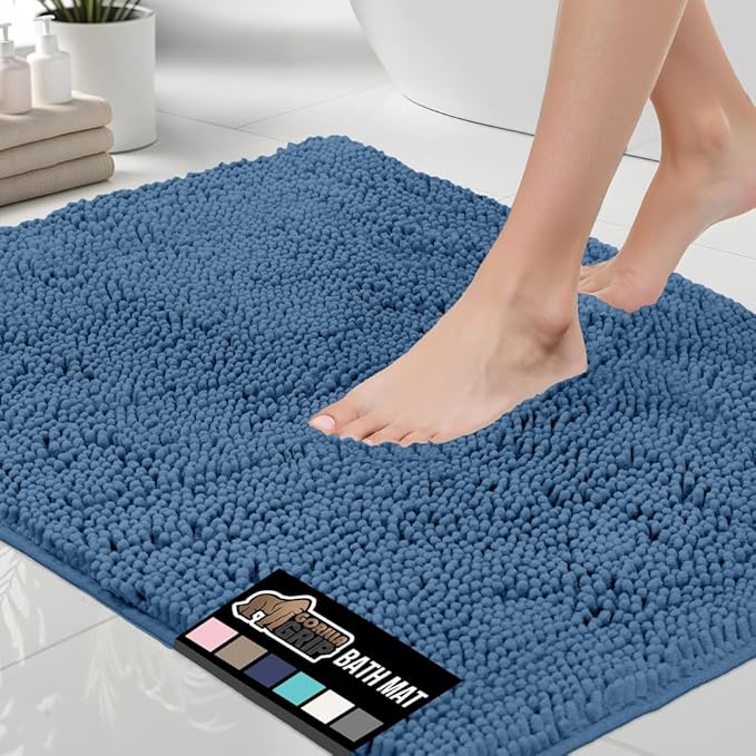 GORILLA GRIP Bath Rug Mat 48x17, Thick Soft Absorbent Chenille, Quick Dry Microfiber Mats, Rubber Backing Washable Shower Floor Rugs, Bathmat Runner, US Designed Bathroom Home Decor Accessories Blue