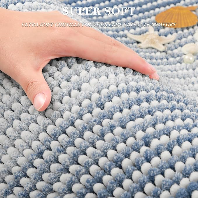 BSICPRO Bathroom Rugs Sets 3 Piece, Toilet Rugs U-Shaped Contour Bath Mat Set, Long Striped Absorbent Non Slip Chenille Shower Mat, Fog Blue