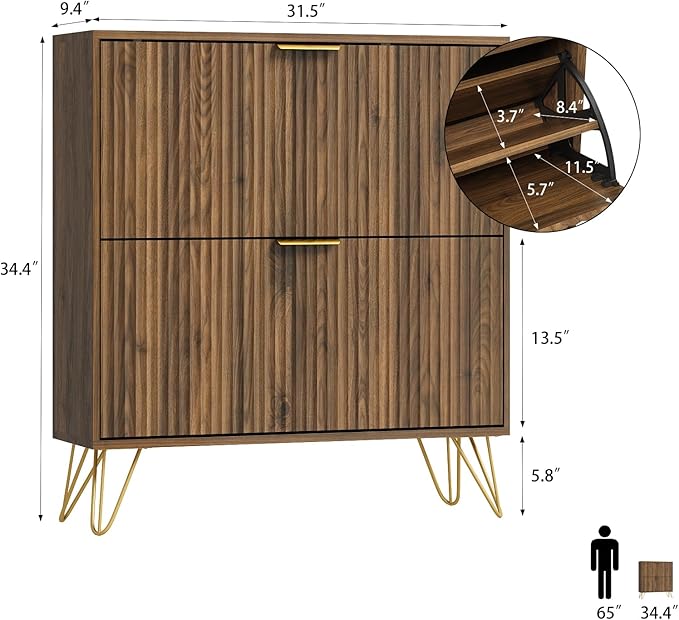 Shoe Storage Cabinet with 2 Flip Drawers, 31.5" W Fluted Shoe Cabinet for Entryway, Hidden Shoe Cabinet Storage, Narrow Free Standing Shoe Orgnaizer Rack Cabinet for Foyer Hallway, Natural