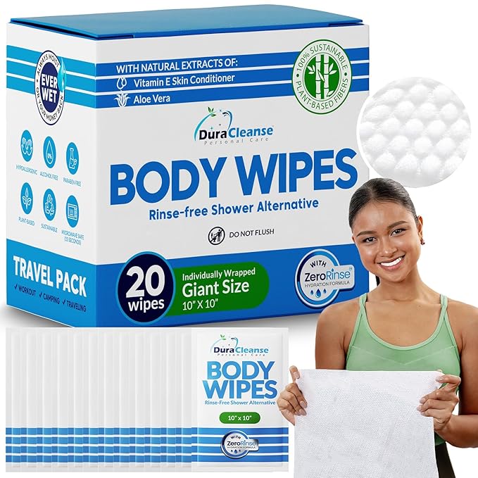 Dura Cleanse Travel Body Wipes - Everyday Clean (Instant Fresh) - 20 Count, XL 10”x10” Individually Wrapped No-Rinse Shower Wipes for Adults, Men & Women, Camping, Gym & Travel