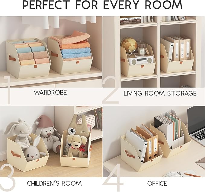 Fabric Closet Storage Cubes - 4 Pack Square Storage Bins with Dual Handles for Clothes, Towels, Toys, Cube Storage Organizers for Bedroom, Nursery, Shelves, Closet, Small Spaces, Beige