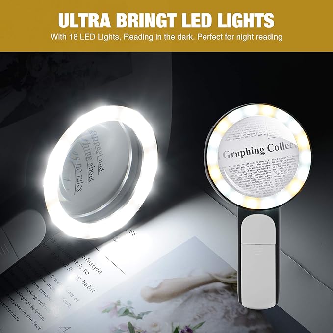 JMH Magnifying Glass with Light, Handheld Large Magnifying Glass 18LED Cold and Warm Light with 3 Modes, Illuminated Lighted Magnifier for Seniors Reading, Coins, Jewelry