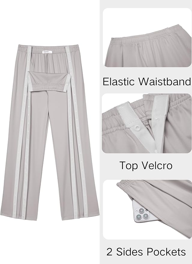 Deyeek Tear Away Pants for Women Side Slit Snap Sweatpants Loose Fit Post Surgery Casual Adaptive Clothing with Pockets
