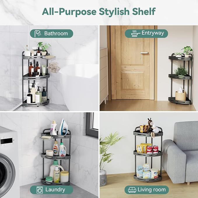 Corner Shower Caddy Standing, 3 Tier Shower Organizer Stand with Soap Holder, Rustproof Shower Shelves for Bathroom Storage, Grey