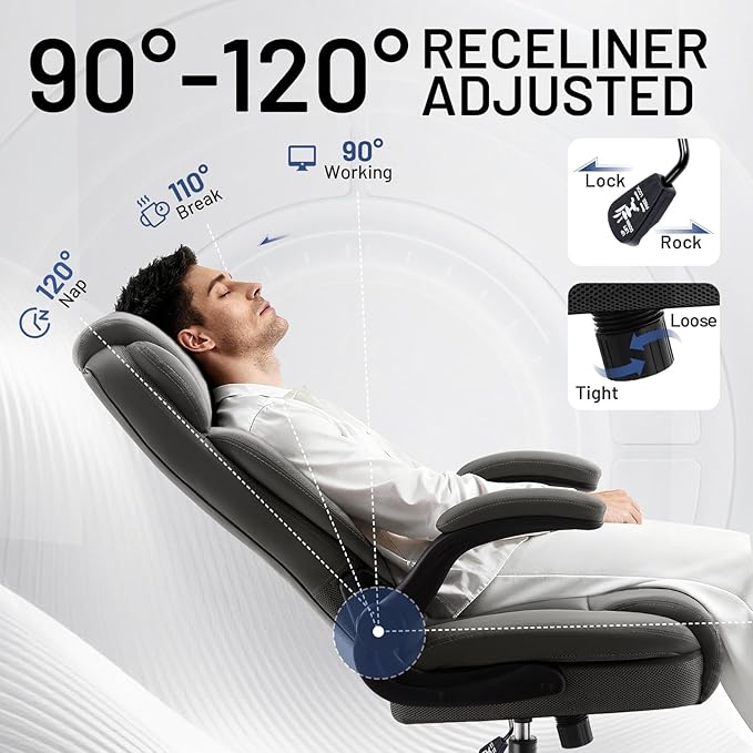 Ergonomic Office Chair with High Back Headrest, PU Leather Executive Desk Chair - Padded Flip-Up Armrests, Lumbar Support, Swivel Computer Chair for Home Office & Gaming, Gray