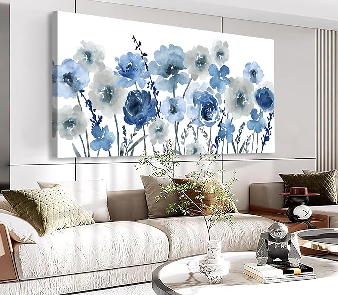VEAEE Flowers Canvas Wall Art - Indigo Floral Canvas Pictures Living Room Wall Decor Botanical Canvas Prints Painting Abstract Artwork Bedroom Office Home Decor 20"x 40"