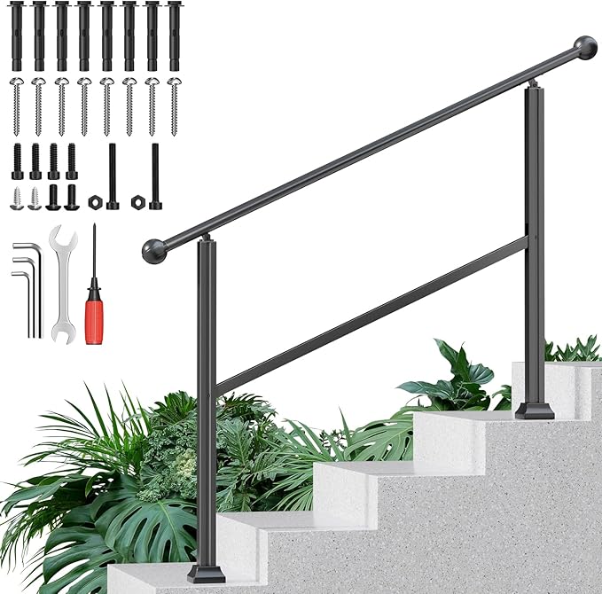 4-Step Outdoor Stair Handrail Kit, Heavy Duty Aluminum Alloy Adjustable Height with Powder Coated Black Metal Finish Complete Installation Hardware & Tools Included for Concrete Porch Deck Brick