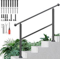 4-Step Outdoor Stair Handrail Kit, Heavy Duty Aluminum Alloy Adjustable Height with Powder Coated Black Metal Finish Complete Installation Hardware & Tools Included for Concrete Porch Deck Brick